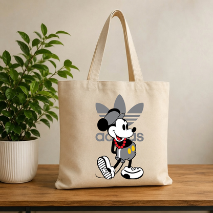 Cool Cartoon Mouse Canvas Tote Bag - Retro Streetwear Graphic Reusable Shopping Bag