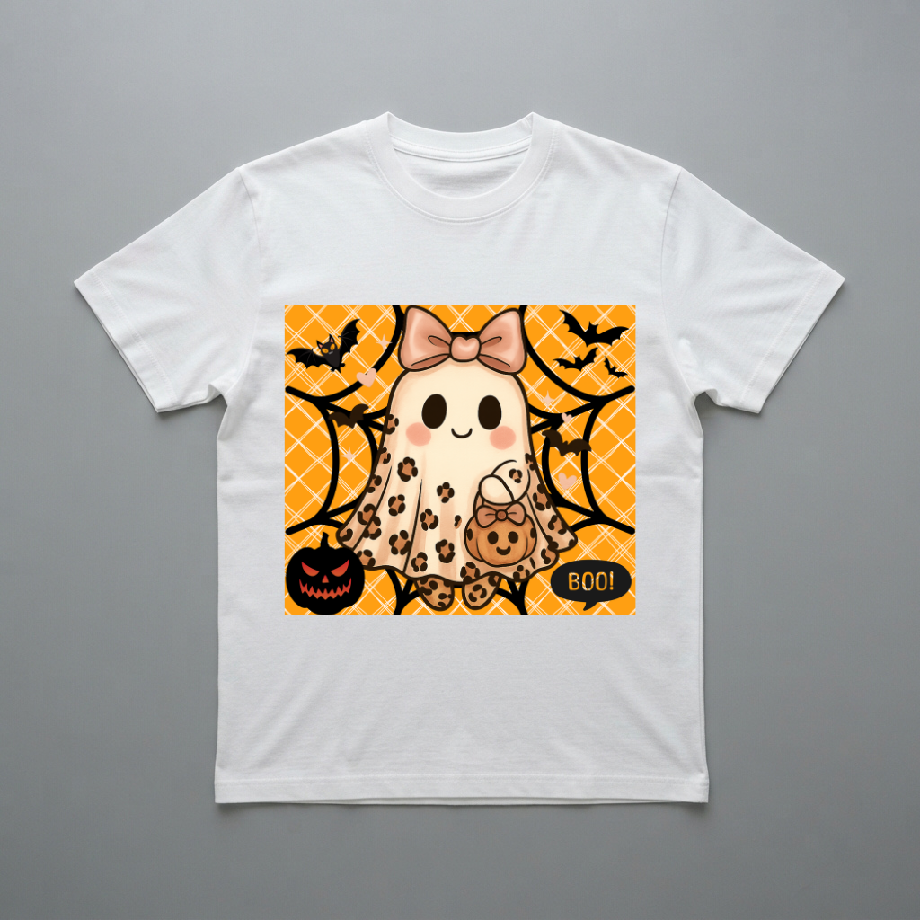 Cute Leopard Ghost Halloween T-Shirt – Coquette Bow Spooky Graphic Tee