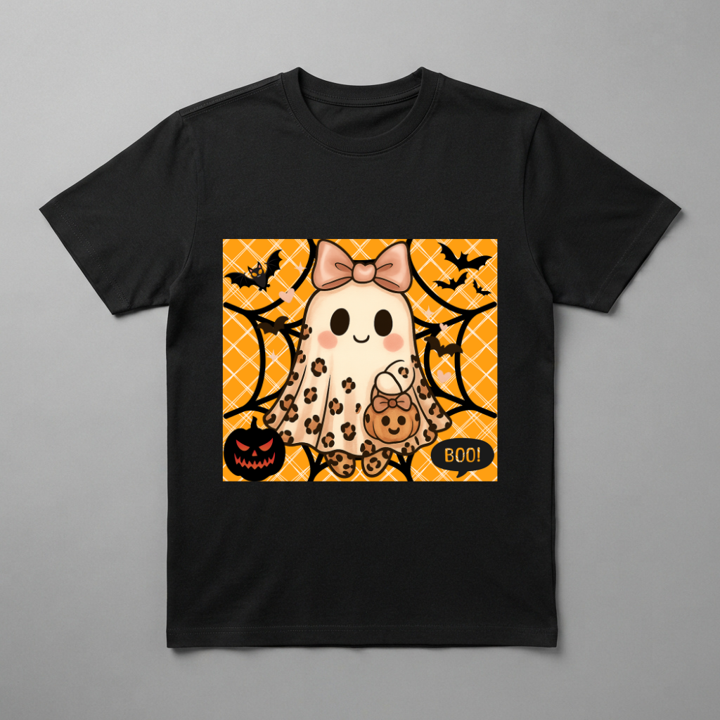 Cute Leopard Ghost Halloween T-Shirt – Coquette Bow Spooky Graphic Tee
