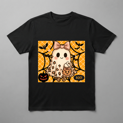 Cute Leopard Ghost Halloween T-Shirt – Coquette Bow Spooky Graphic Tee