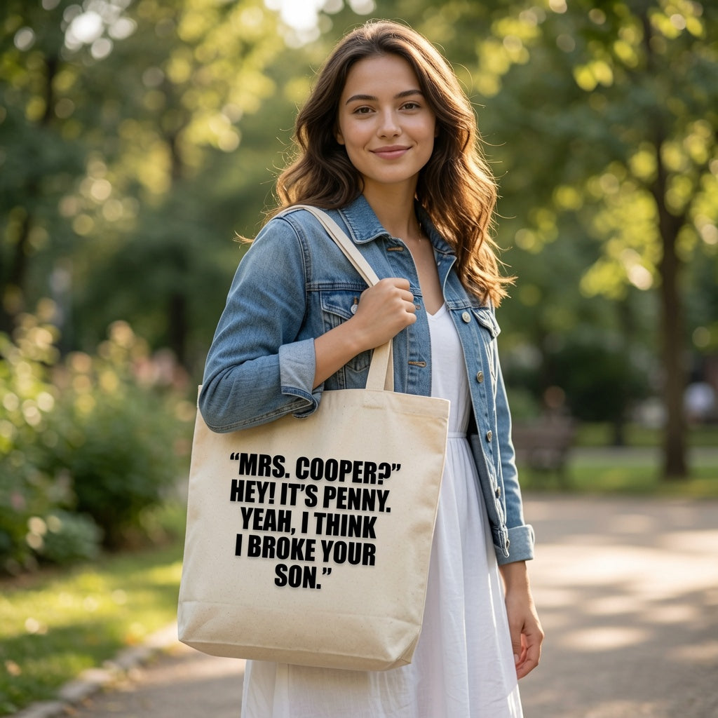 Mrs Cooper Hey It's Penny I Think I Broke Your Son Canvas Tote Bag – Funny Big Bang Theory Quote Tote