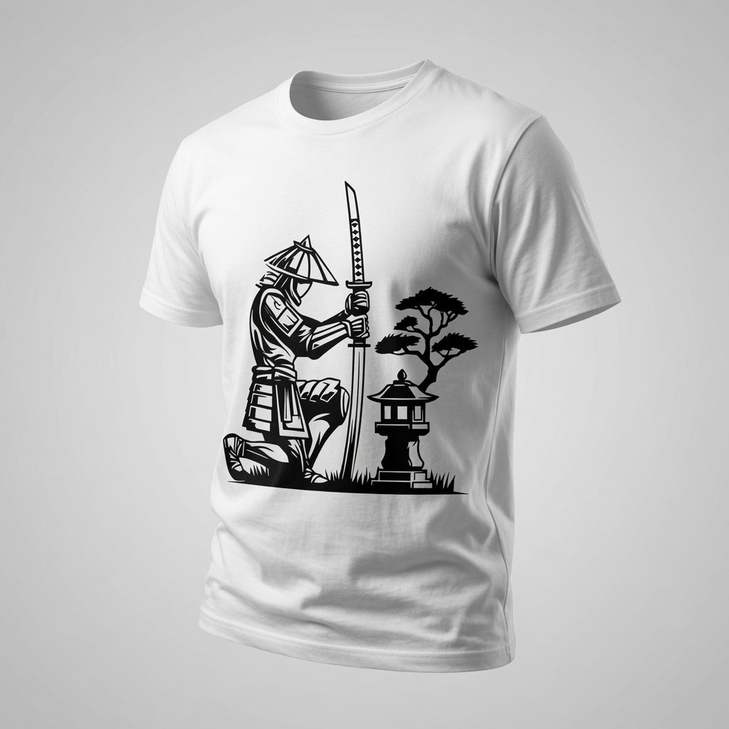 Samurai Kneeling T-Shirt Japanese Lantern Graphic Tee White