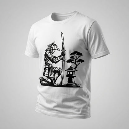 Samurai Kneeling T-Shirt Japanese Lantern Graphic Tee White
