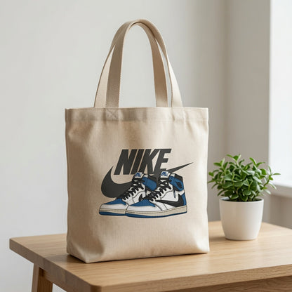 Blue & White High-Top Graphic Canvas Tote Bag - Reverse Swoosh Streetwear Shoulder Bag