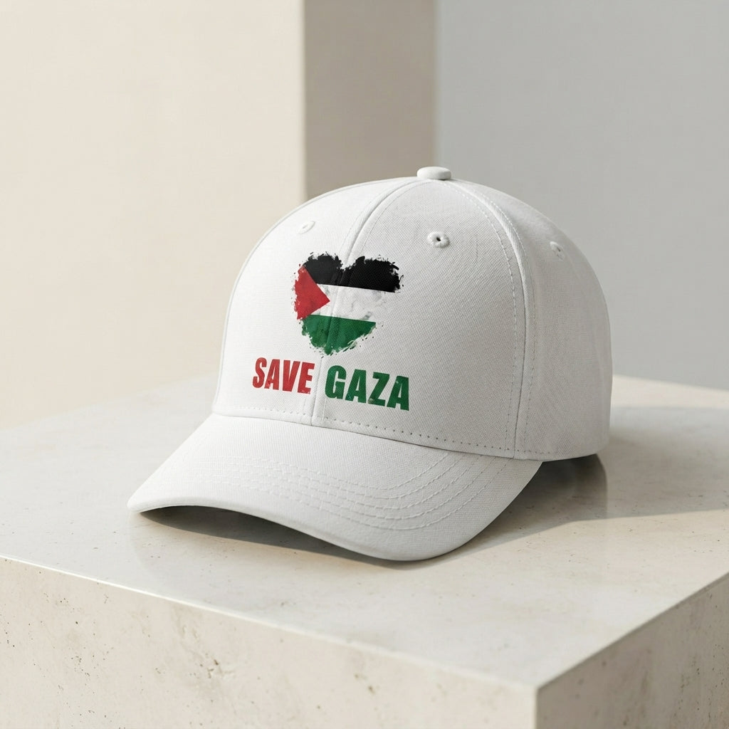 Save Gaza Palestine Flag Heart Graphic Baseball Cap - Palestinian Solidarity Cap (White)