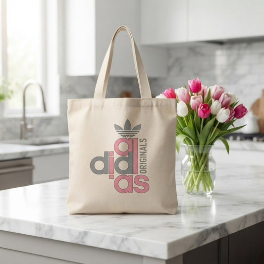 Sportswear Graphic Canvas Tote Bag - Pink & Grey Vintage Typographic Design
