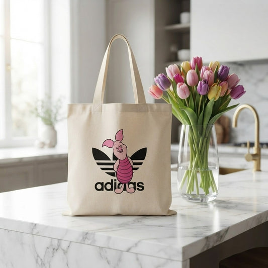 Cute Piglet Graphic Canvas Tote Bag - Sportswear Mashup Design