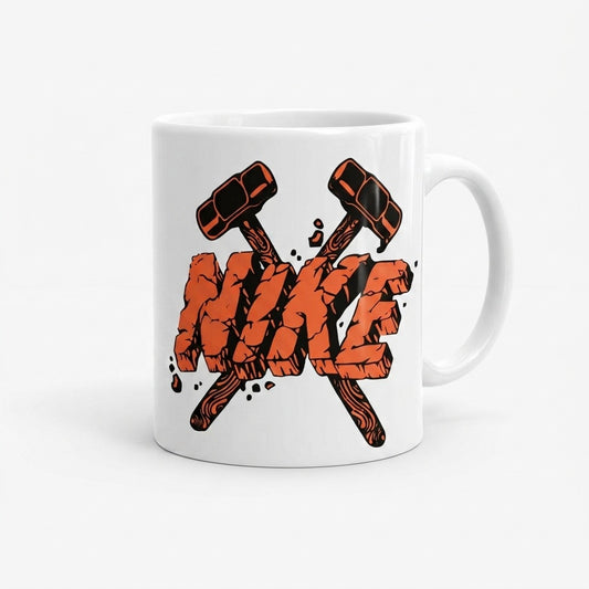 Nike Inspired Orange Cracked Stone Typography & Crossed Hammers Parody Ceramic Mug - Black & White Coffee Cup (11oz)