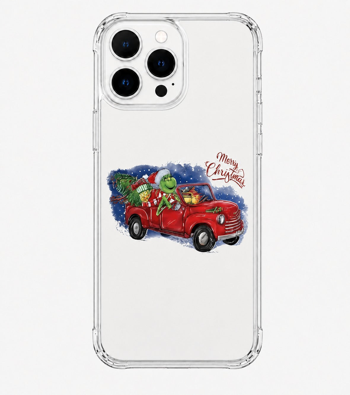 Merry Christmas Grinch Red Truck Graphic Clear Case Festive Holiday Tree Protective Phone Cover for iPhone