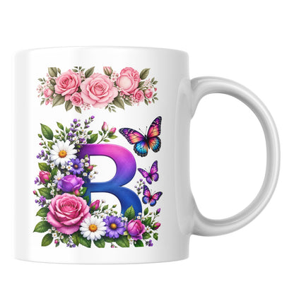 Personalized Floral Alphabet Ceramic Coffee Mug – Gradient Letter Initial (A to U) with Butterflies & Flowers