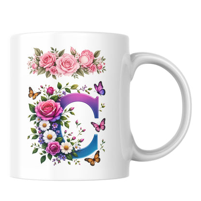 Personalized Floral Alphabet Ceramic Coffee Mug – Gradient Letter Initial (A to U) with Butterflies & Flowers