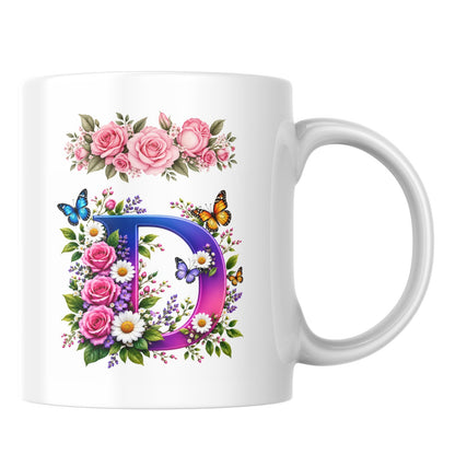 Personalized Floral Alphabet Ceramic Coffee Mug – Gradient Letter Initial (A to U) with Butterflies & Flowers