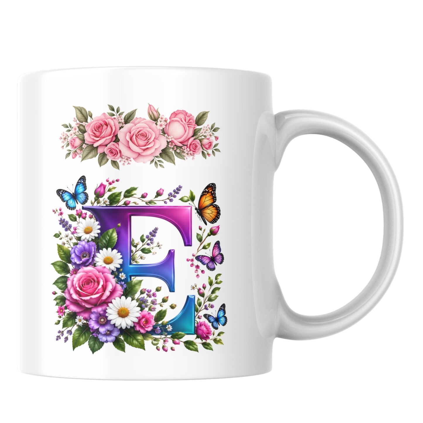 Personalized Floral Alphabet Ceramic Coffee Mug – Gradient Letter Initial (A to U) with Butterflies & Flowers