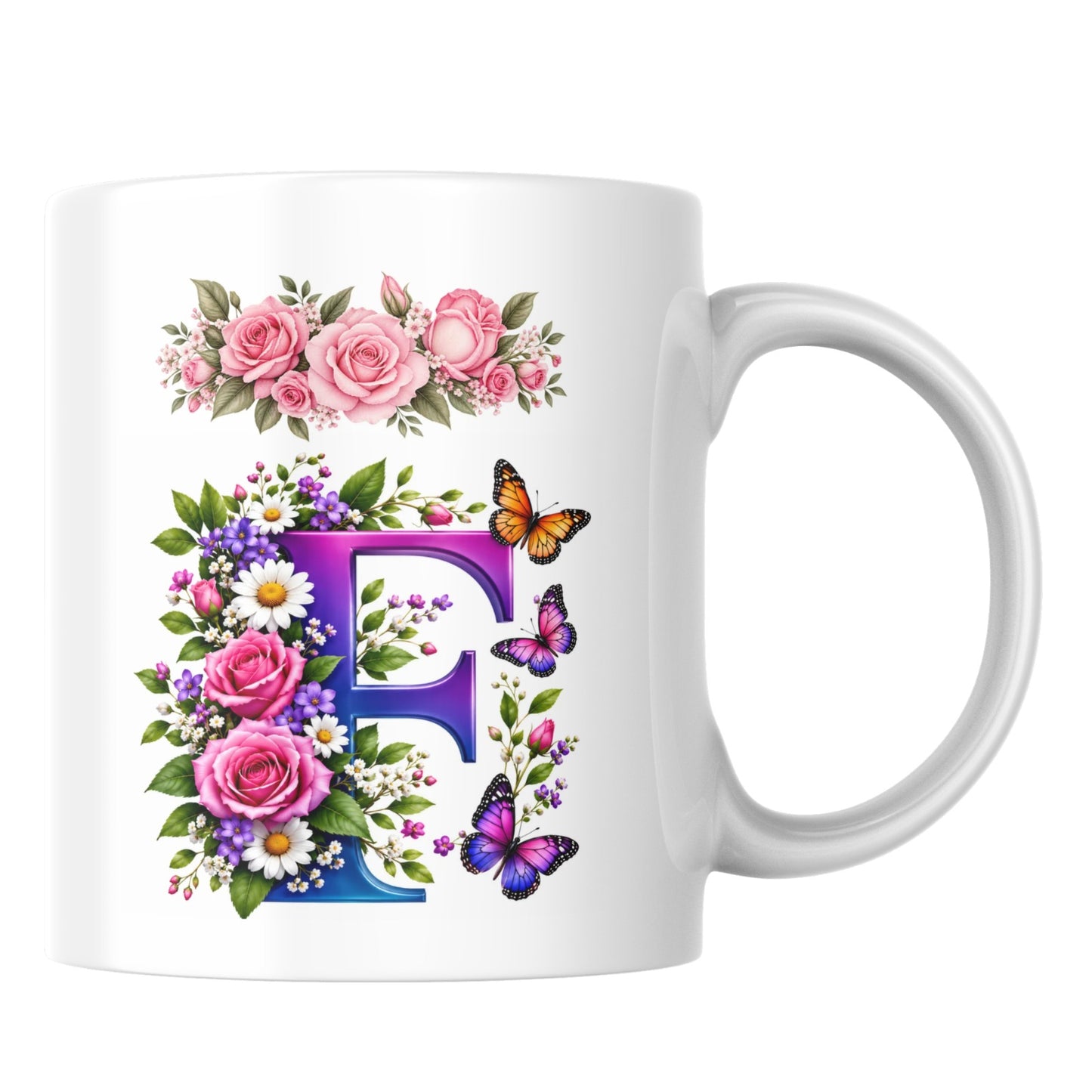 Personalized Floral Alphabet Ceramic Coffee Mug – Gradient Letter Initial (A to U) with Butterflies & Flowers