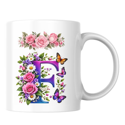 Personalized Floral Alphabet Ceramic Coffee Mug – Gradient Letter Initial (A to U) with Butterflies & Flowers