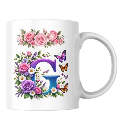 Personalized Floral Alphabet Ceramic Coffee Mug – Gradient Letter Initial (A to U) with Butterflies & Flowers