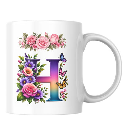Personalized Floral Alphabet Ceramic Coffee Mug – Gradient Letter Initial (A to U) with Butterflies & Flowers
