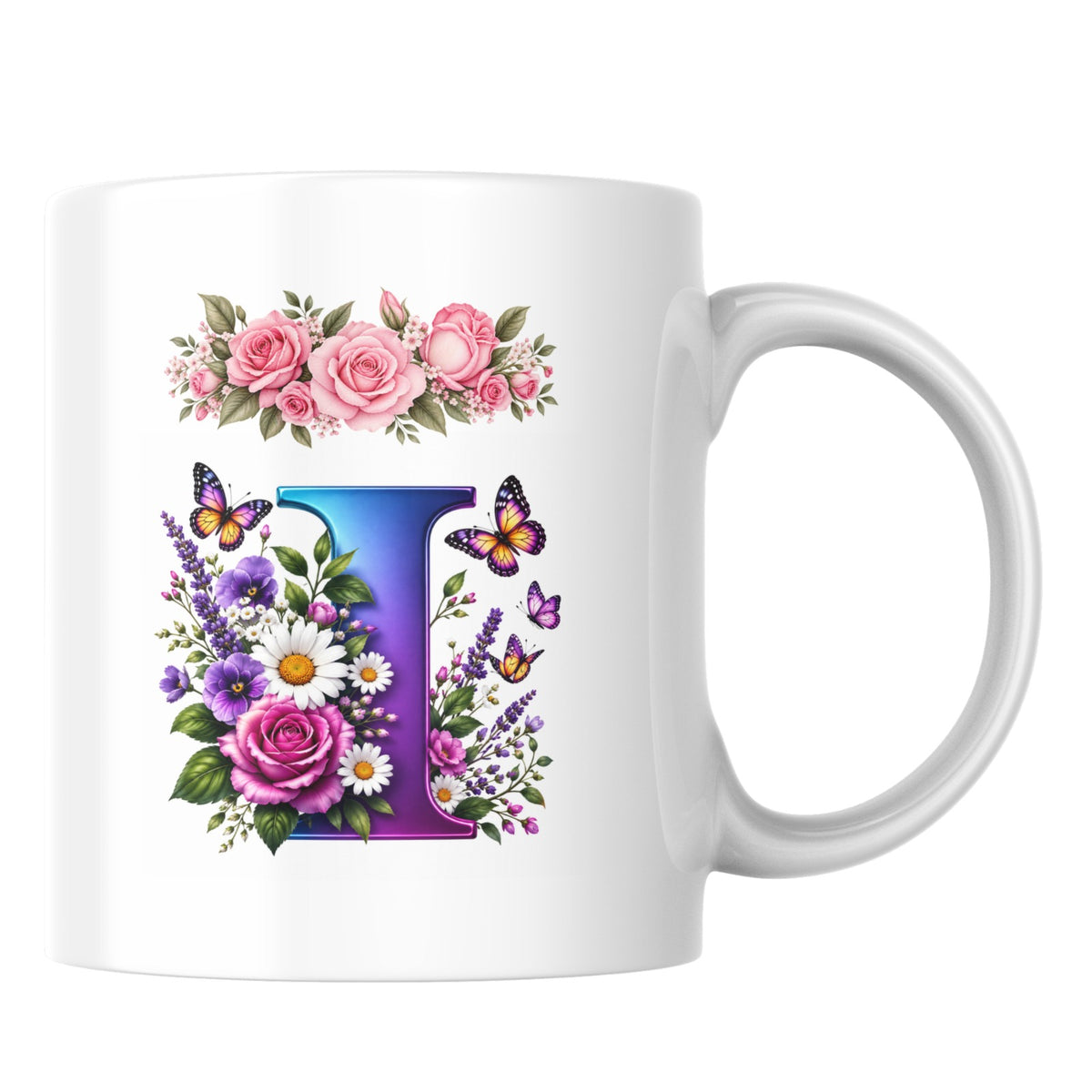 Personalized Floral Alphabet Ceramic Coffee Mug – Gradient Letter Initial (A to U) with Butterflies & Flowers