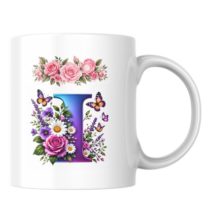 Personalized Floral Alphabet Ceramic Coffee Mug – Gradient Letter Initial (A to U) with Butterflies & Flowers