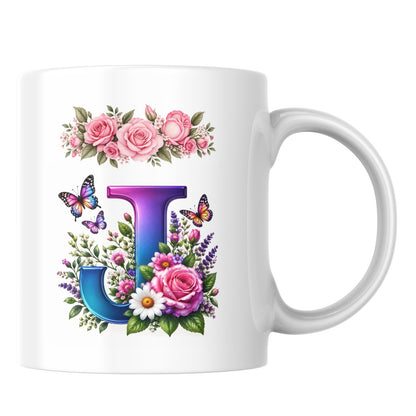 Personalized Floral Alphabet Ceramic Coffee Mug – Gradient Letter Initial (A to U) with Butterflies & Flowers
