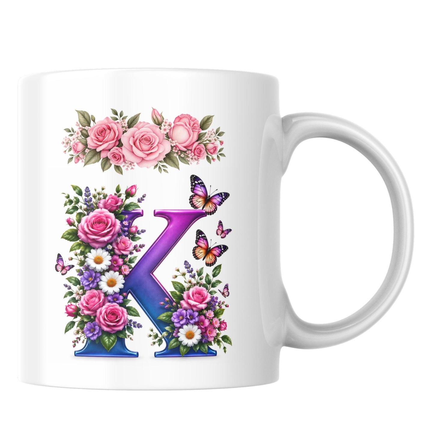 Personalized Floral Alphabet Ceramic Coffee Mug – Gradient Letter Initial (A to U) with Butterflies & Flowers