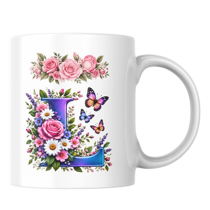 Personalized Floral Alphabet Ceramic Coffee Mug – Gradient Letter Initial (A to U) with Butterflies & Flowers