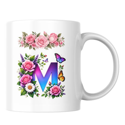 Personalized Floral Alphabet Ceramic Coffee Mug – Gradient Letter Initial (A to U) with Butterflies & Flowers