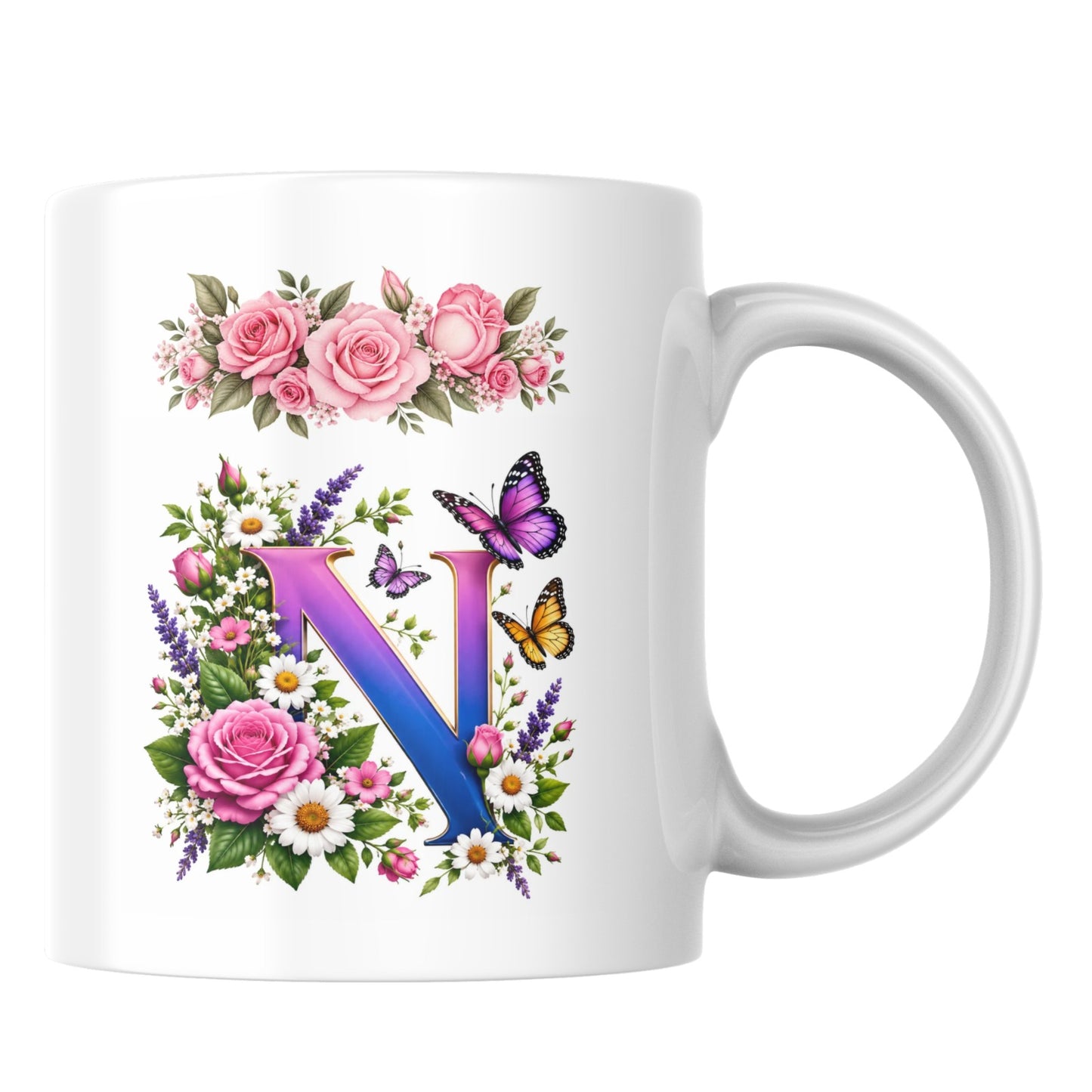 Personalized Floral Alphabet Ceramic Coffee Mug – Gradient Letter Initial (A to U) with Butterflies & Flowers