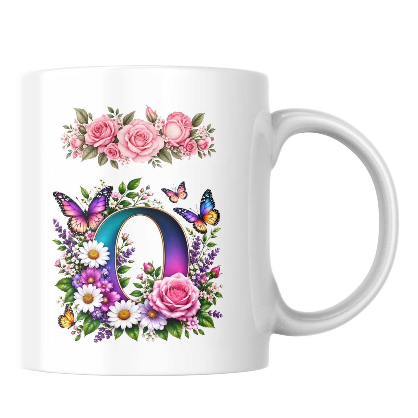 Personalized Floral Alphabet Ceramic Coffee Mug – Gradient Letter Initial (A to U) with Butterflies & Flowers