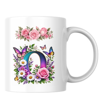 Personalized Floral Alphabet Ceramic Coffee Mug – Gradient Letter Initial (A to U) with Butterflies & Flowers