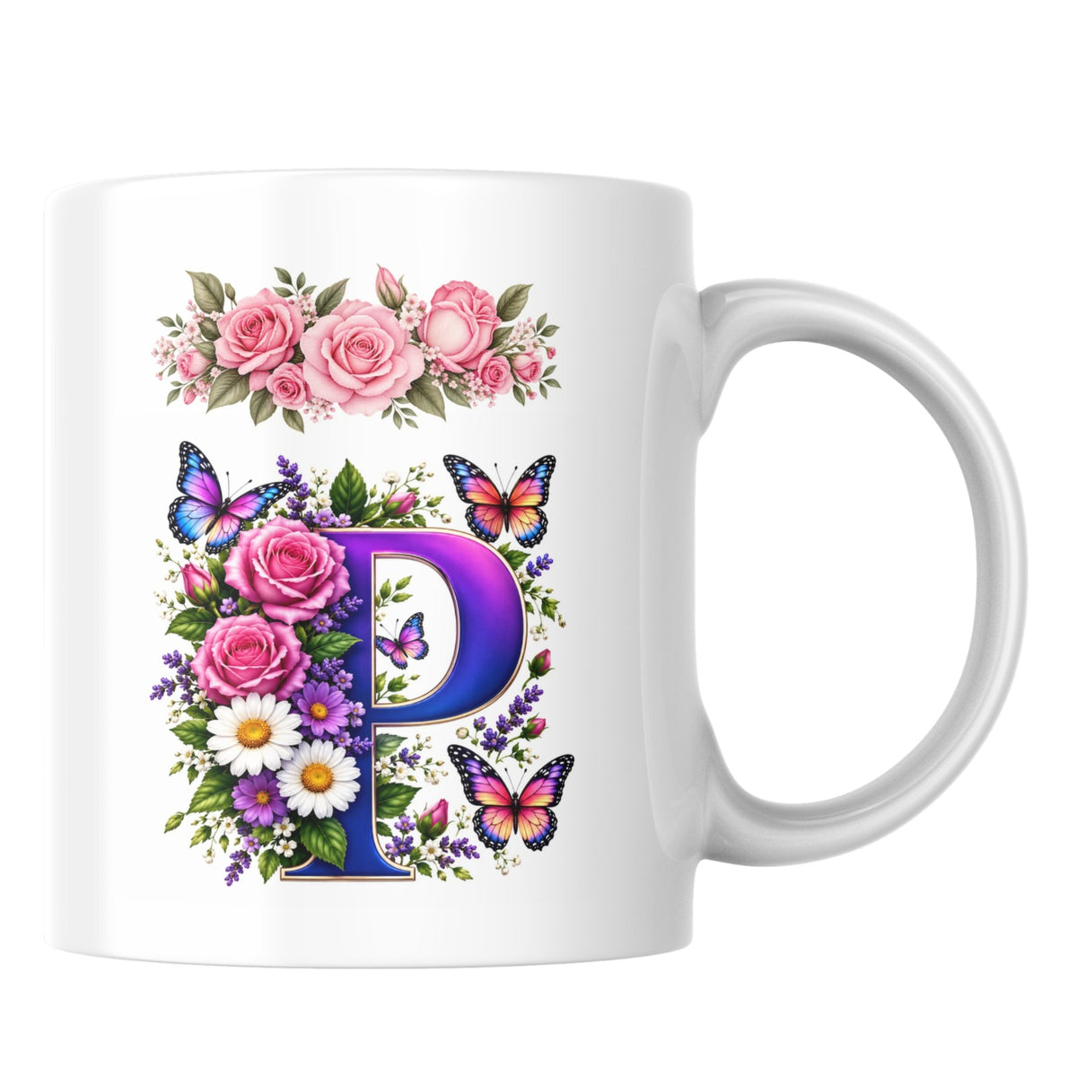 Personalized Floral Alphabet Ceramic Coffee Mug – Gradient Letter Initial (A to U) with Butterflies & Flowers