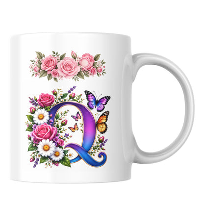 Personalized Floral Alphabet Ceramic Coffee Mug – Gradient Letter Initial (A to U) with Butterflies & Flowers