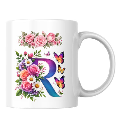 Personalized Floral Alphabet Ceramic Coffee Mug – Gradient Letter Initial (A to U) with Butterflies & Flowers