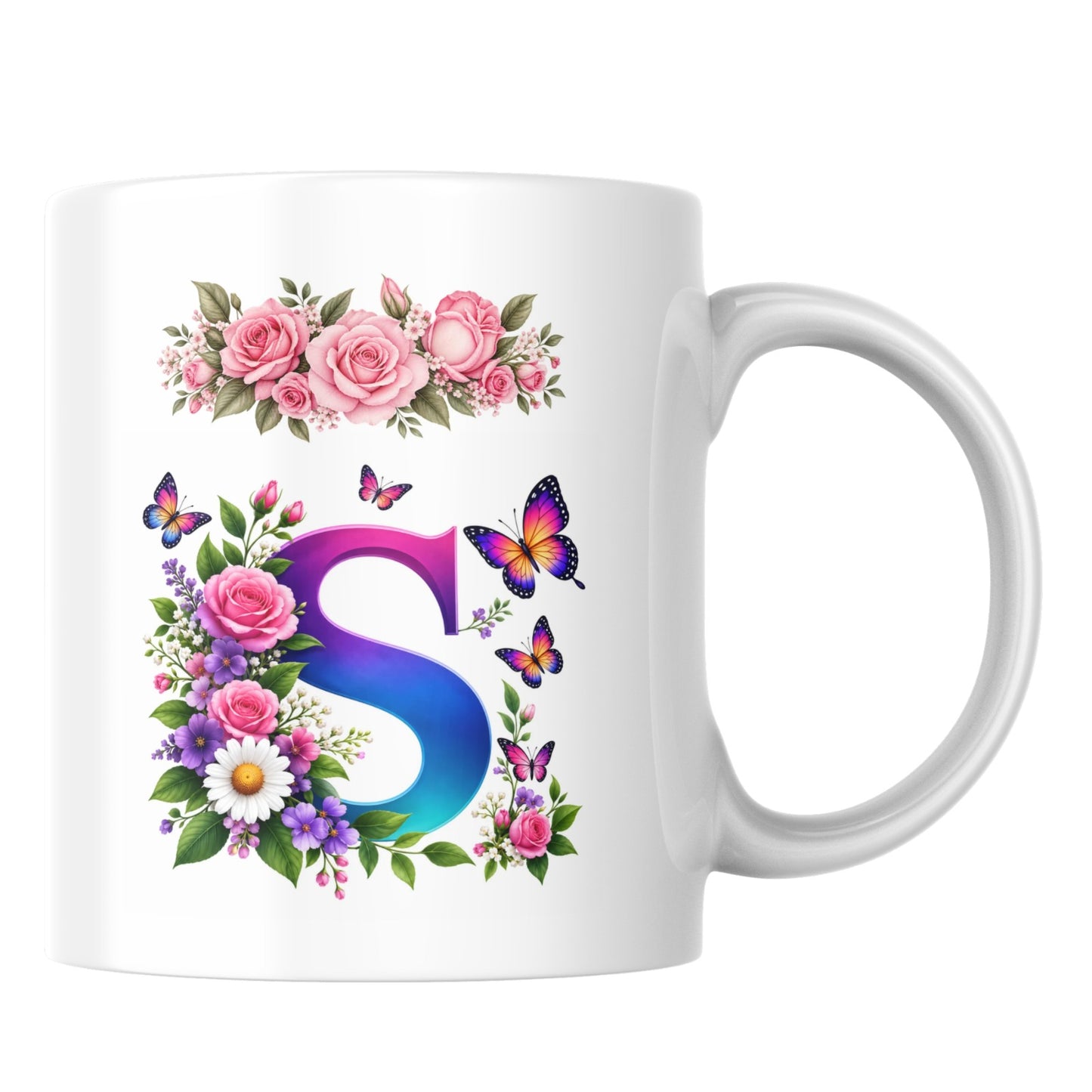 Personalized Floral Alphabet Ceramic Coffee Mug – Gradient Letter Initial (A to U) with Butterflies & Flowers