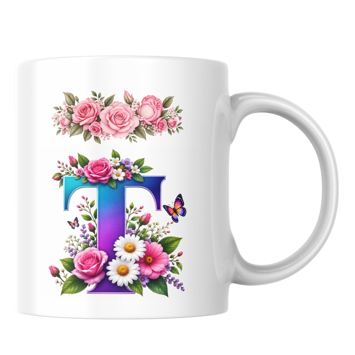 Personalized Floral Alphabet Ceramic Coffee Mug – Gradient Letter Initial (A to U) with Butterflies & Flowers