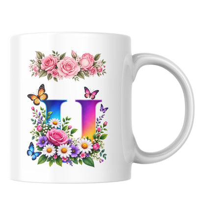 Personalized Floral Alphabet Ceramic Coffee Mug – Gradient Letter Initial (A to U) with Butterflies & Flowers