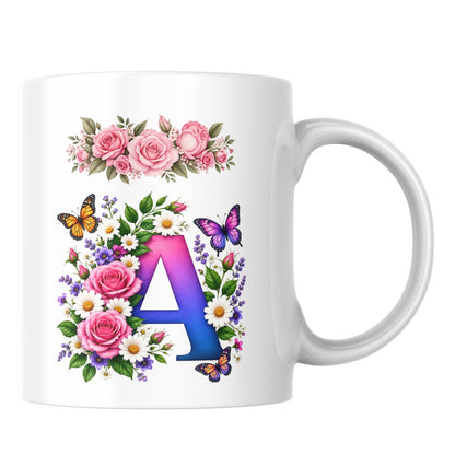 Personalized Floral Alphabet Ceramic Coffee Mug – Gradient Letter Initial (A to U) with Butterflies & Flowers