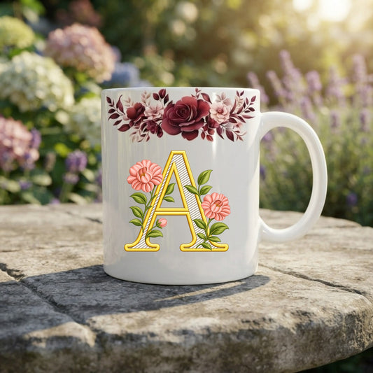 Floral Monogram Initial Mug – Personalized Gold Alphabet Ceramic Coffee Cup (11oz)