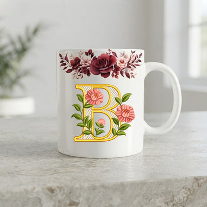 Floral Monogram Initial Mug – Personalized Gold Alphabet Ceramic Coffee Cup (11oz)