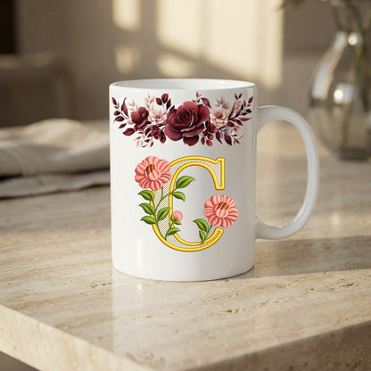 Floral Monogram Initial Mug – Personalized Gold Alphabet Ceramic Coffee Cup (11oz)