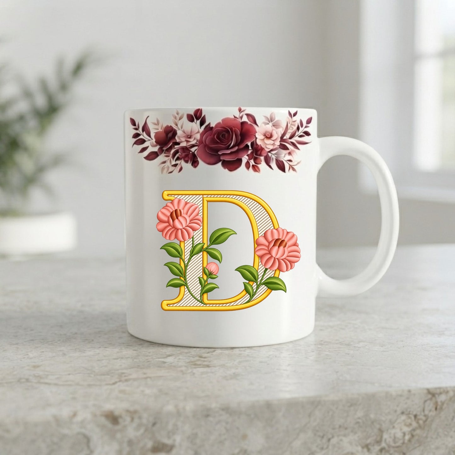 Floral Monogram Initial Mug – Personalized Gold Alphabet Ceramic Coffee Cup (11oz)