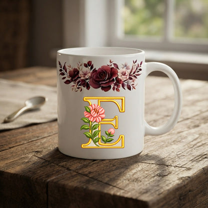 Floral Monogram Initial Mug – Personalized Gold Alphabet Ceramic Coffee Cup (11oz)