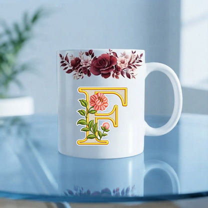 Floral Monogram Initial Mug – Personalized Gold Alphabet Ceramic Coffee Cup (11oz)