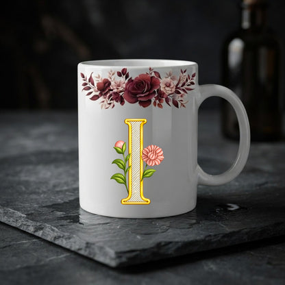 Floral Monogram Initial Mug – Personalized Gold Alphabet Ceramic Coffee Cup (11oz)