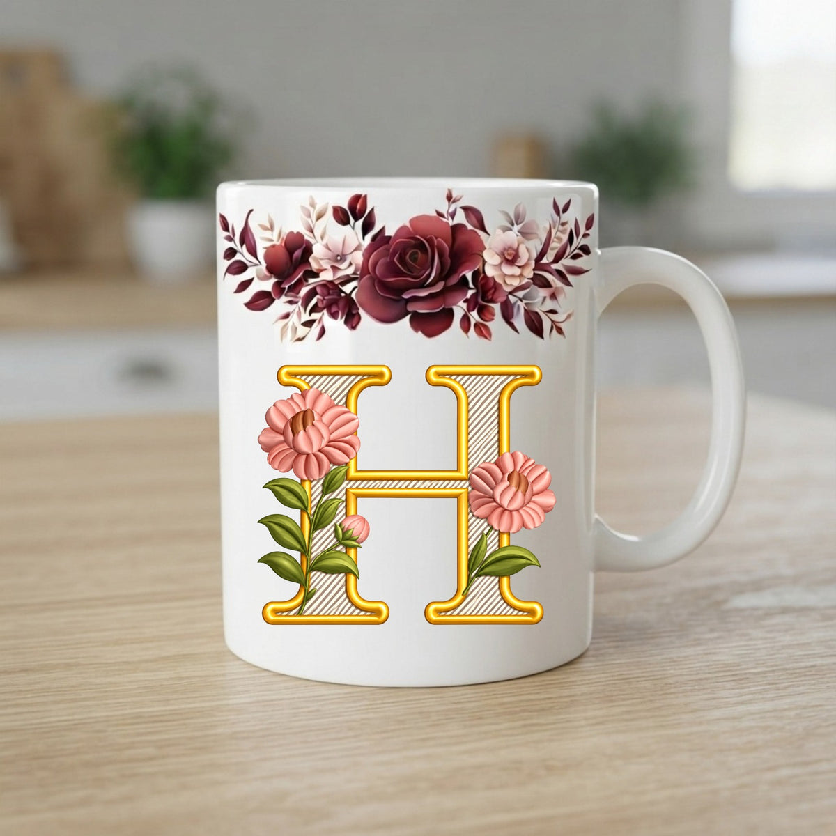 Floral Monogram Initial Mug – Personalized Gold Alphabet Ceramic Coffee Cup (11oz)
