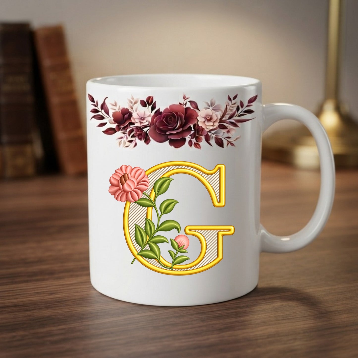 Floral Monogram Initial Mug – Personalized Gold Alphabet Ceramic Coffee Cup (11oz)