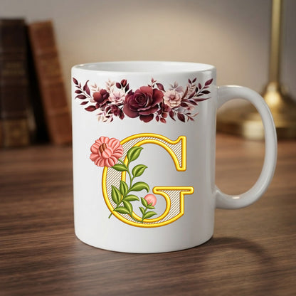 Floral Monogram Initial Mug – Personalized Gold Alphabet Ceramic Coffee Cup (11oz)