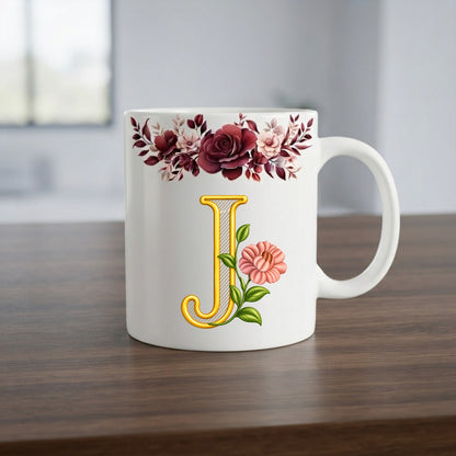 Floral Monogram Initial Mug – Personalized Gold Alphabet Ceramic Coffee Cup (11oz)