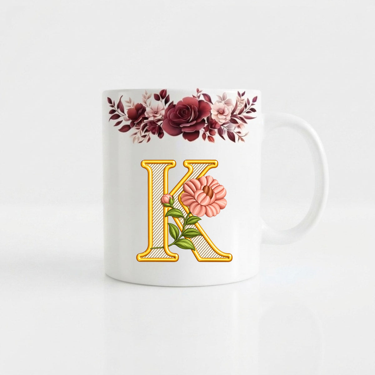 Floral Monogram Initial Mug – Personalized Gold Alphabet Ceramic Coffee Cup (11oz)