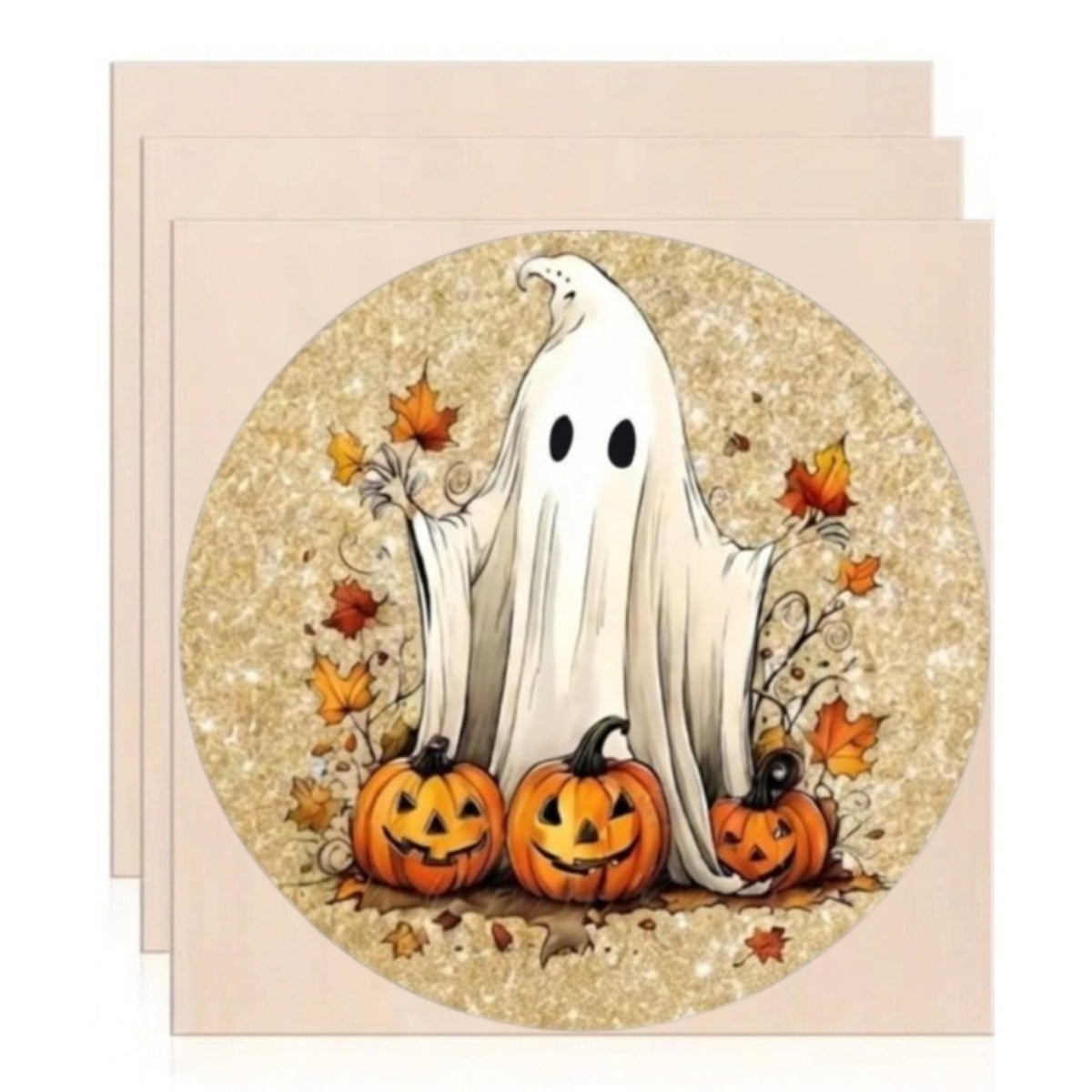 Spooky Ghost with Pumpkins Autumn Wooden Art Print – Gold Glitter Fall Halloween Decor